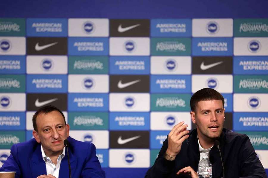 Brighton and Hove Albion owner Tony Bloom with Fabian Hurzeler during a press conference at the American Express Elite Football Performance Centre