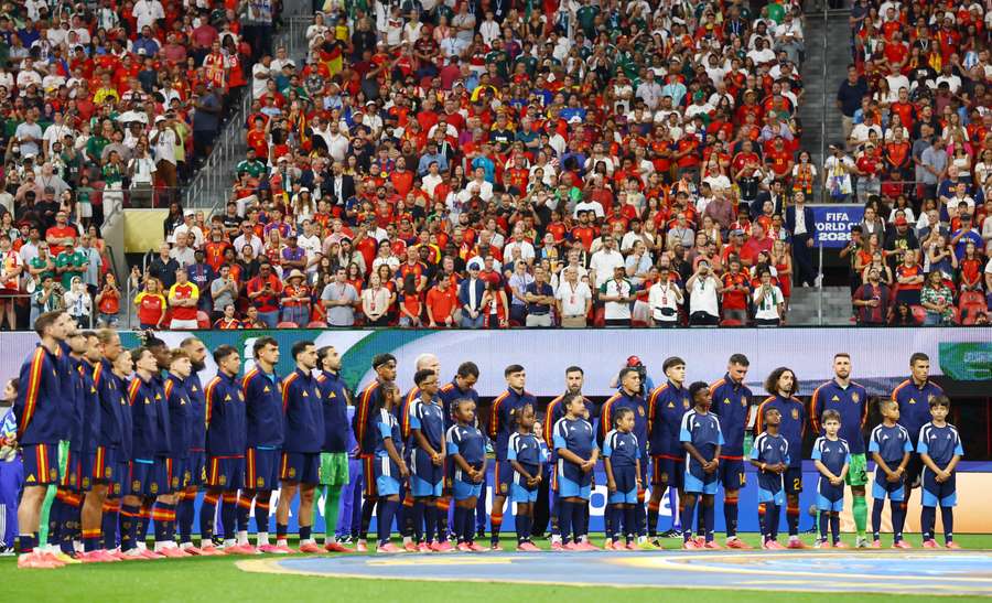 Spain players line up during the national anthems Spain players line up during the national anthems
