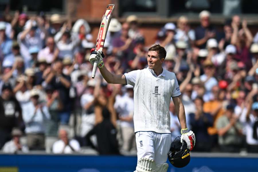 England's Zak Crawley celebrates his hundred on day two of the fourth Ashes cricket Test