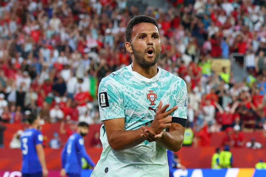 Portugal's Goncalo Ramos celebrates scoring their second goal Portugal's Goncalo Ramos celebrates scoring their second goal