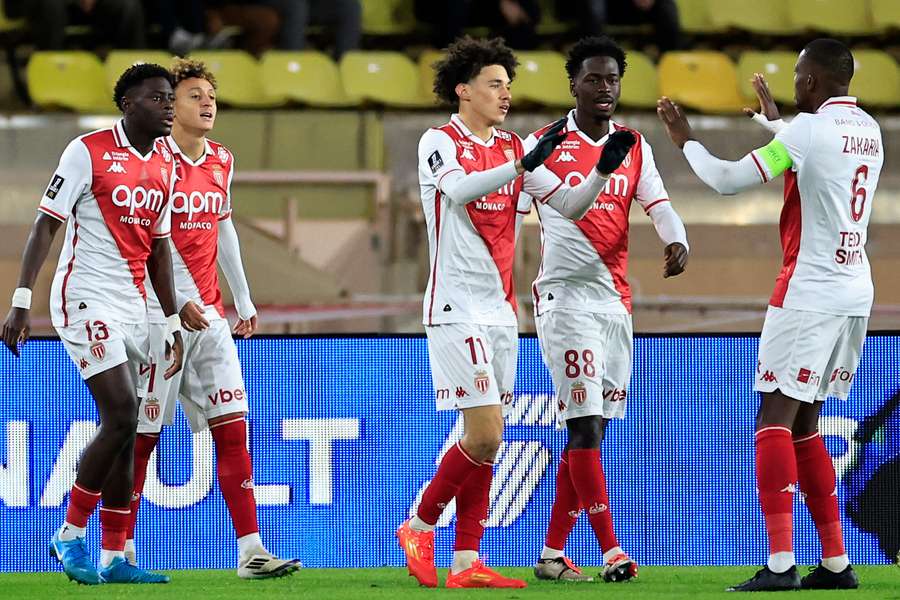 Monaco's French midfielder Maghnes Akliouche celebrates scoring his team's first goal 