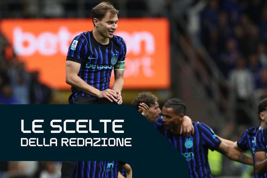 Nicolò Barella portato in trionfo dopo il suo gol al Cagliari