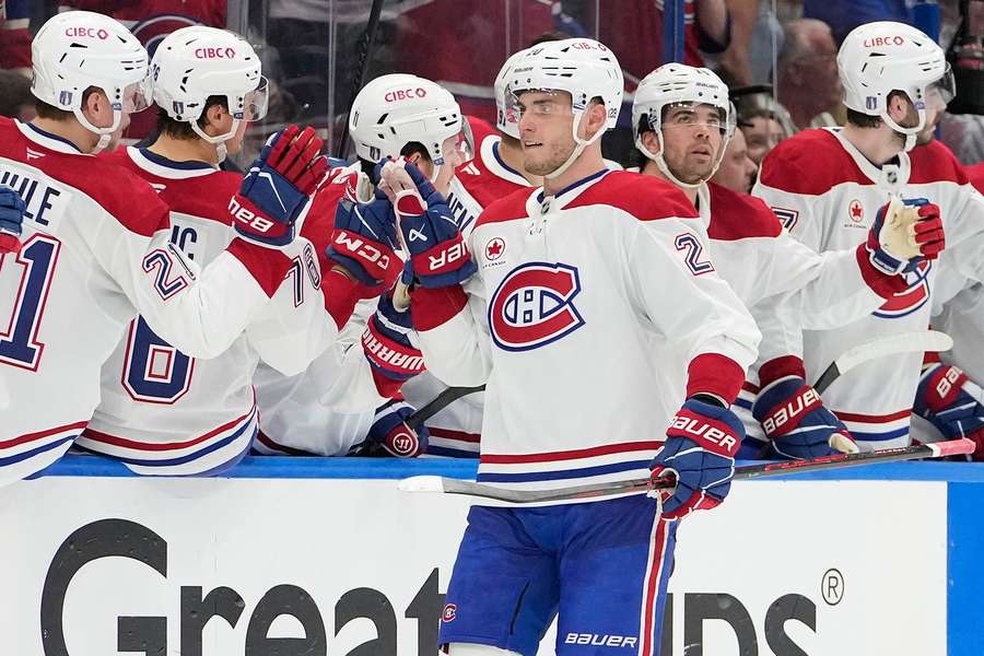 Canadiens' Slafkovsky celebrates goal in Game 1 of 2026 Stanley Cup Playoffs
