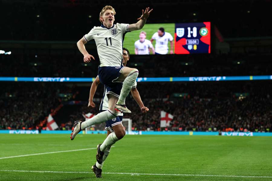 Anthony Gordon celebrates scoring his first goal for England to make it 2-0 against Ireland