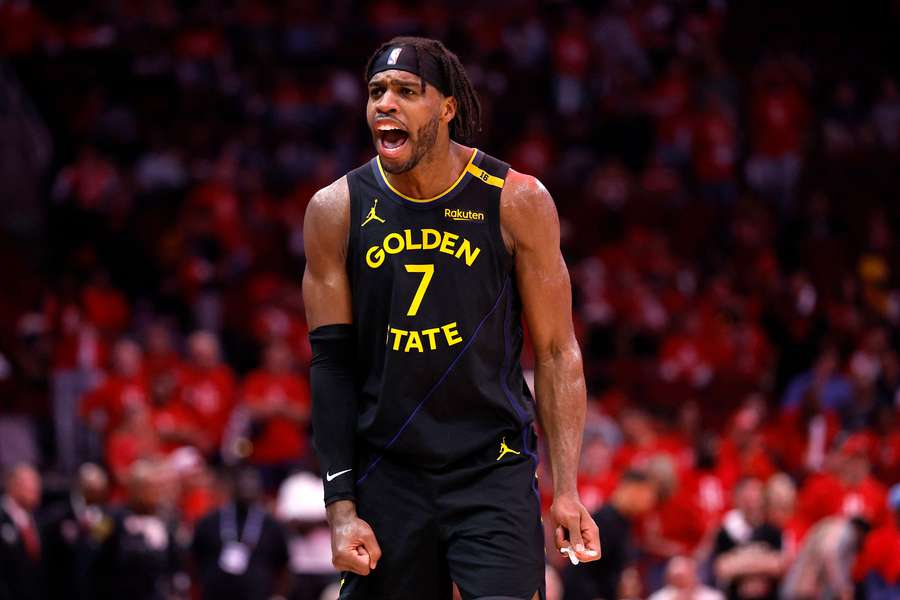Buddy Hield of the Golden State Warriors celebrates in the Warriors' victory over the Houston Rockets in Game 7 of their NBA play-off series