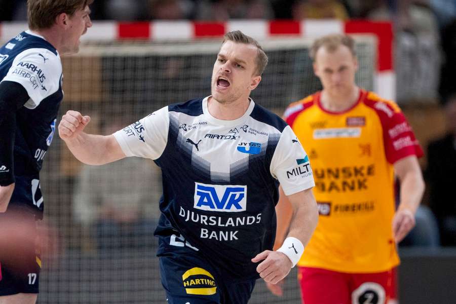 Skanderborg GF Handball's Johan Hansen reacts after scoring Skanderborg GF Handball's Johan Hansen reacts after scoring