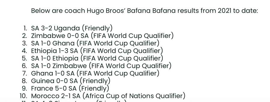 SAFA incorrectly list the fixture against Uganda in June 2021 as Hugo Broos' first game in charge