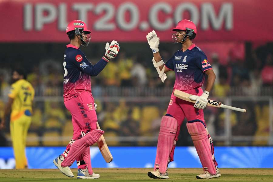 Vaibhav Suryavanshi (l) celebrates his half century with teammate Yashasvi Jaiswal Vaibhav Suryavanshi (l) celebrates his half century with teammate Yashasvi Jaiswal