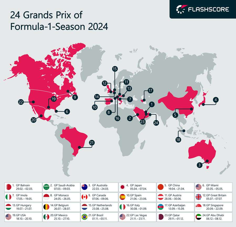 Alle 24 Grands Prix der F1-Saison 2024 in der Übersicht.