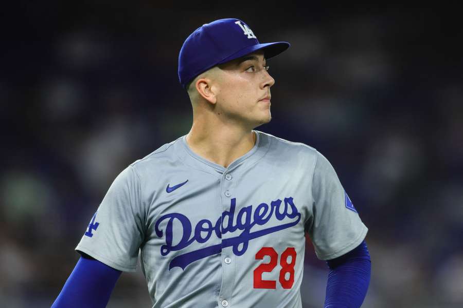 Dodgers pitcher Bobby Miller looking on from the mound during a game against the Miami Marlins (2024)