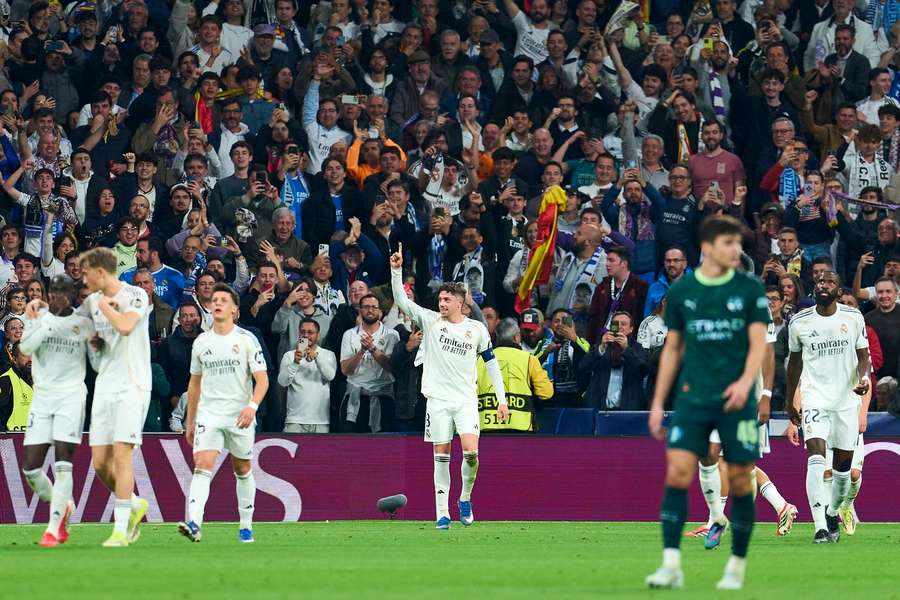 Real Madrid's Fede Valverde celebrates his goal against Manchester City 