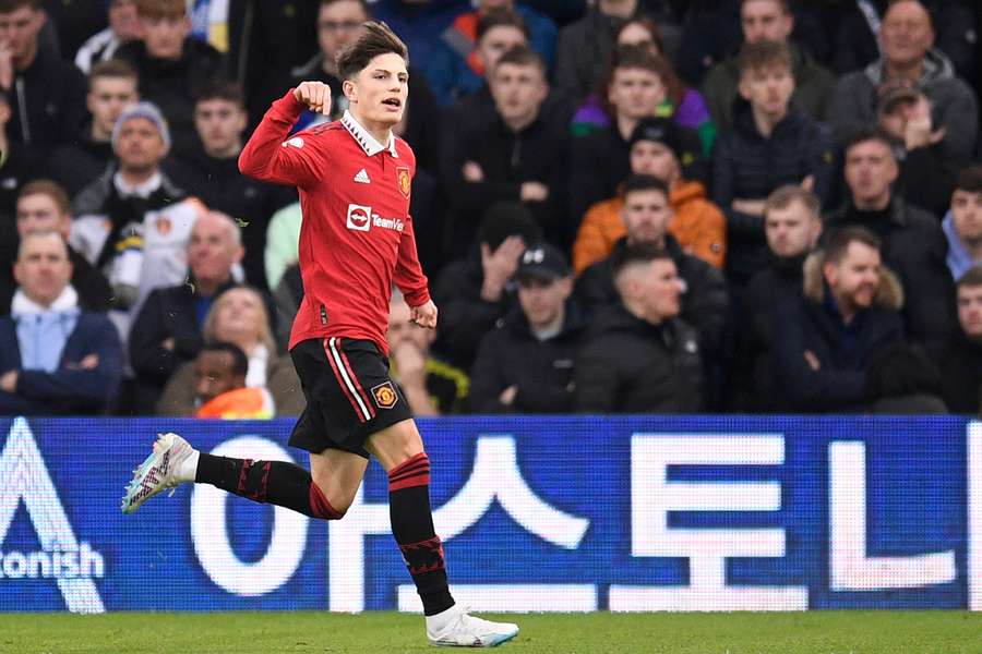 Alejandro Garnacho celebrates scoring Man Utd's second goal against Leeds at Elland Road