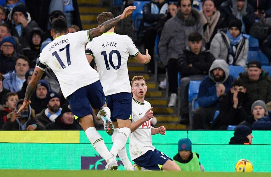 Tottenham Hotspur's Swedish midfielder Dejan Kulusevski celebrates scoring the opening goal