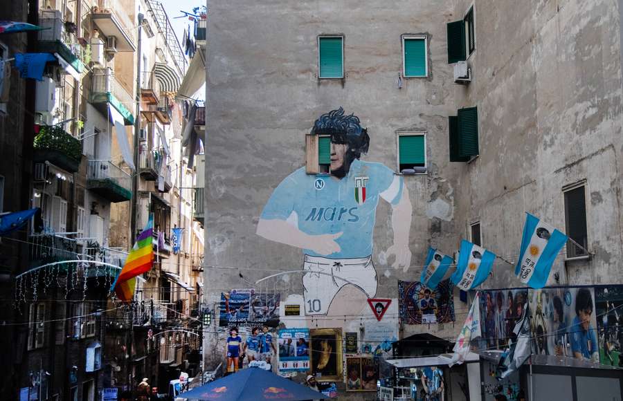 A mural of late Argentinian football legend Diego Maradona is pictured in the Quartieri Spagnoli district of Naples