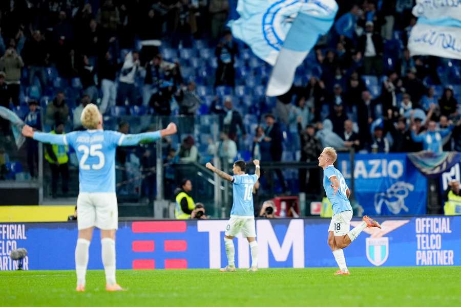 Lazio's Gustav Isaksen celebrates scoring Lazio's Gustav Isaksen celebrates scoring