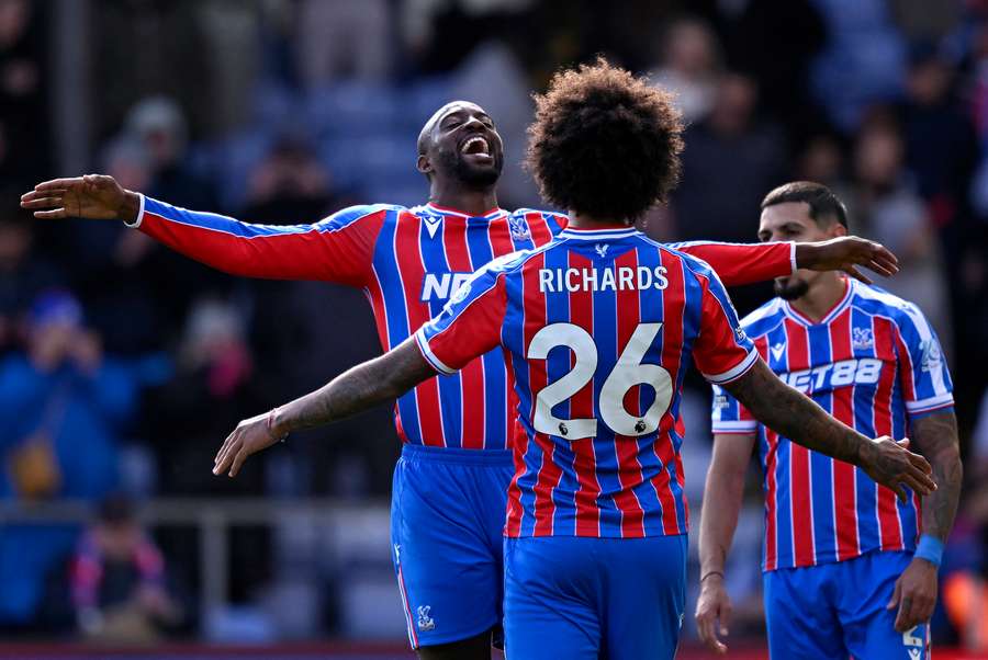 Crystal Palace's Jean-Philippe Mateta and Chris Richards celebrate after the match