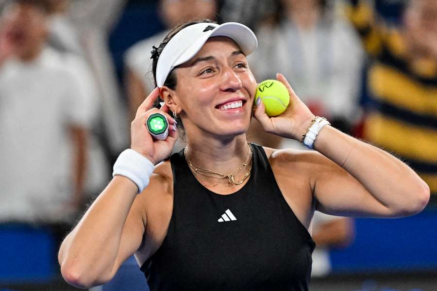 Jessica Pegula celebrates her victory against Aryna Sabalenka in the Wuhan Open semi-final