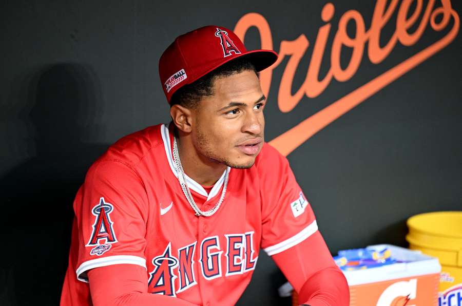 Christian Moore in the dugout talking to media prior to his MLB debut (2025)