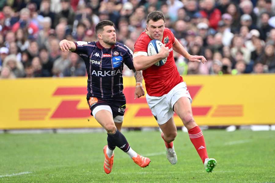 Tom Farrell charges for the line during a Champions Cup game between Munster and Bordeaux this year. Tom Farrell charges for the line during a Champions Cup game between Munster and Bordeaux this year.