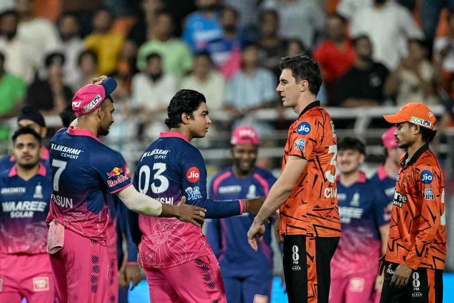 Vaibhav Sooryavanshi and Pat Cummins shake hands at the end of the game. Vaibhav Sooryavanshi and Pat Cummins shake hands at the end of the game.