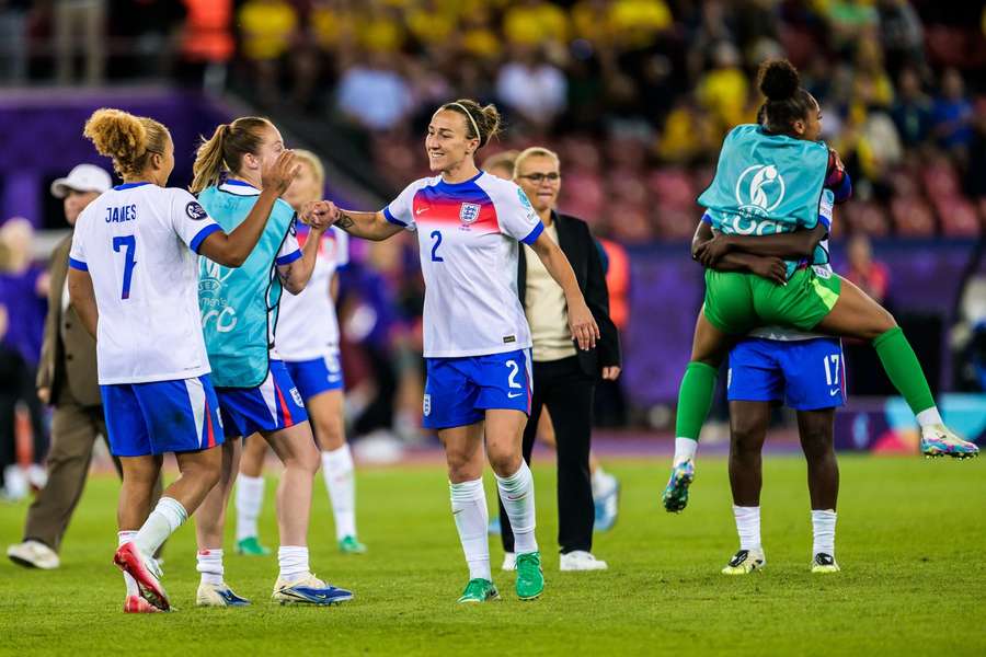 England's Lauren James and Lucy Bronze celebrate after the Women's Euro 2025 quarter-final against Sweden
