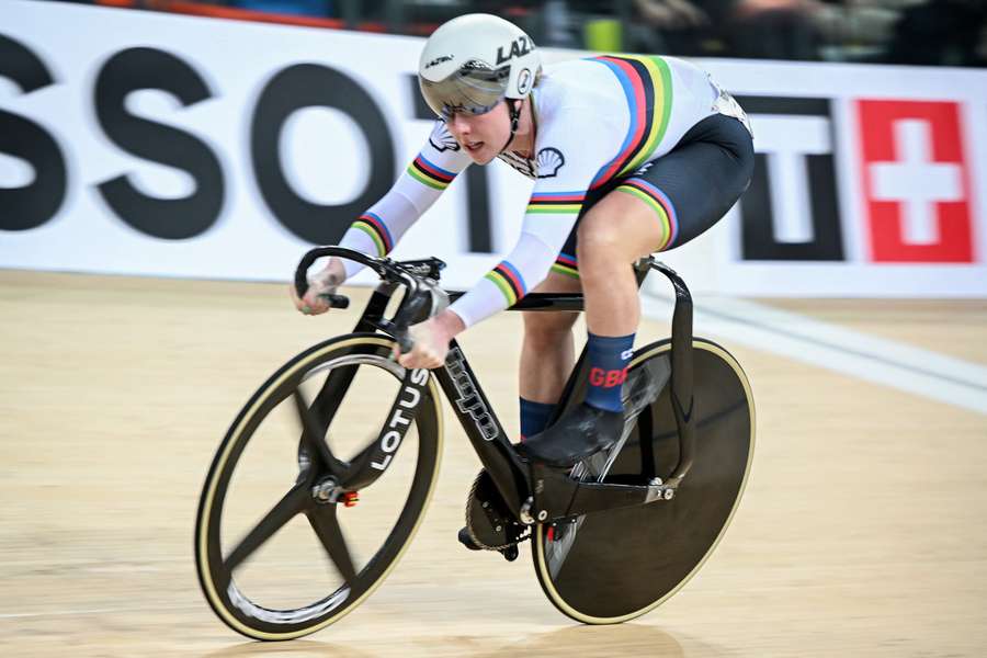 GB's Emma Finucane sprints against France's Mathilde Gros in the women's sprint final event during the Track Cycling Nations Cup in Hong Kong