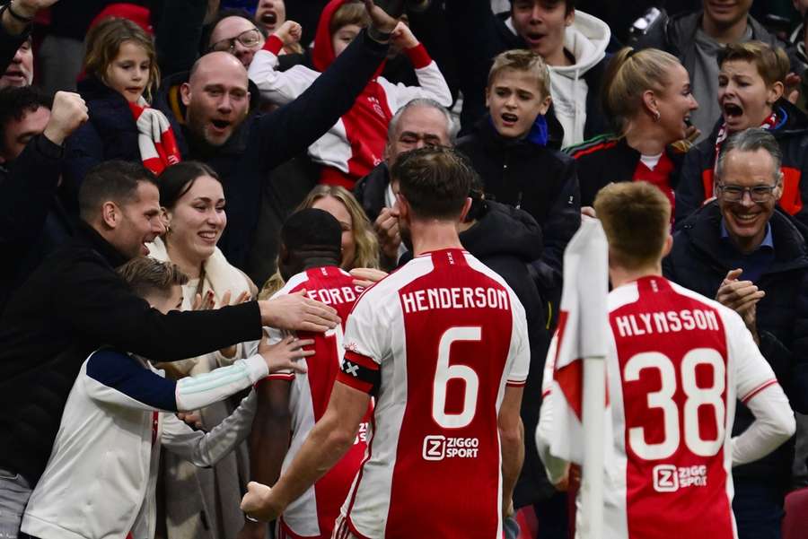 Ajax-spelers vieren die 2-1 in de thuiswedstrijd tegen NEC