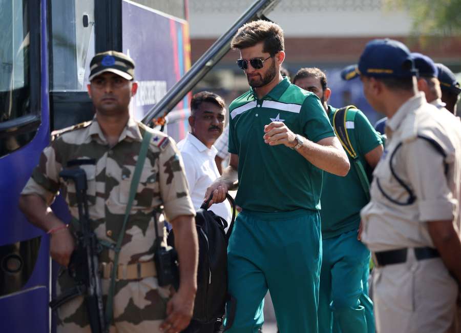 Shaheen Afridi heads on the coach at Ahmedabad