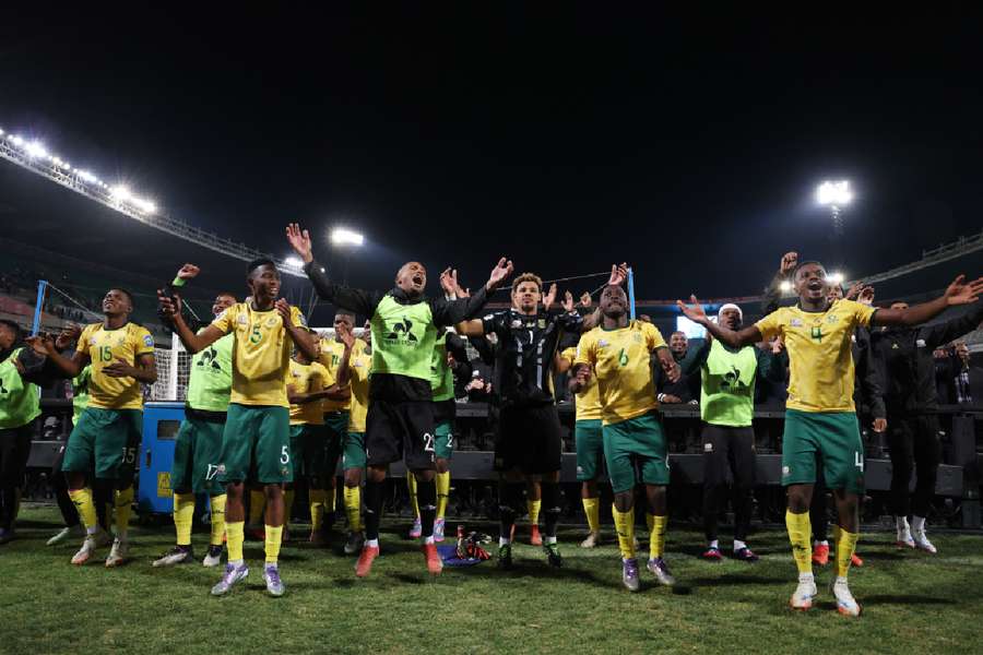 South Africa's Teboho Mokoena celebrates with teammates 