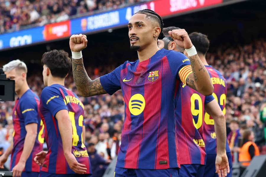 Raphinha celebrates scoring Barcelona's fourth goal