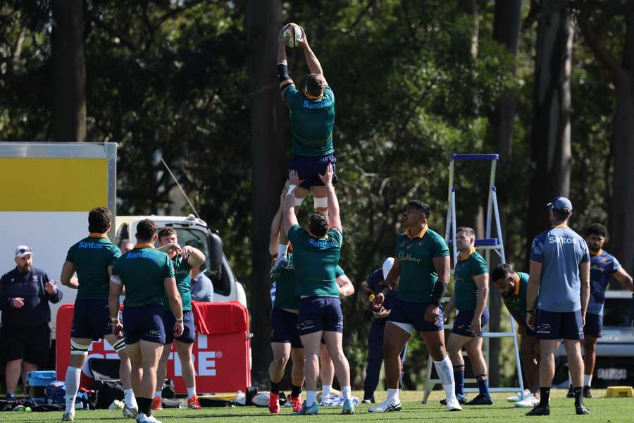 The Wallabies are seen refining their lineout skills during the captain's run in Brisbane on Thursday.