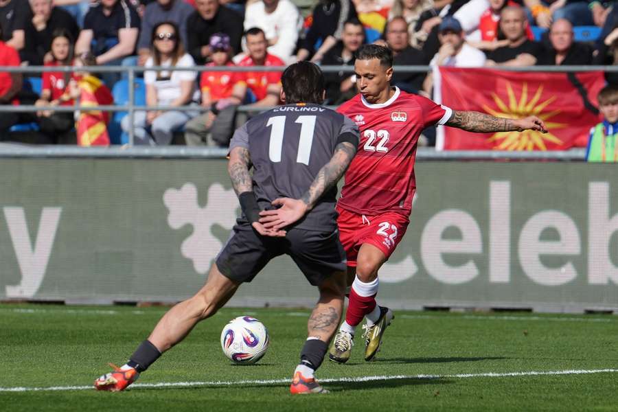 Villiam Pizzi of Liechtenstein and Darko Curlinov of North Macedonia in action