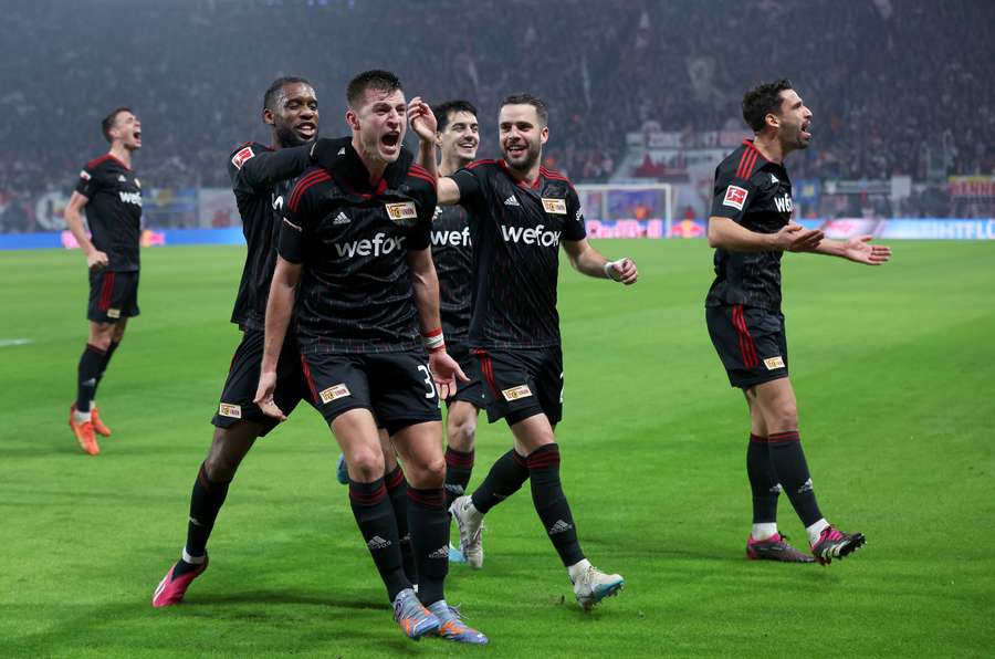 Les joueurs de l'Union célébrant le but de la victoire face au RB Leipzig le 11 février.