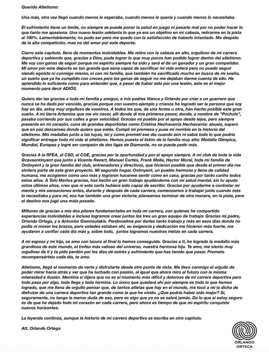 Carta de retirada de Orlando Ortega Carta de retirada de Orlando Ortega
