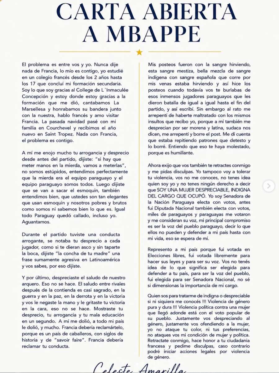 Carta de la senadora a Mbappé Carta de la senadora a Mbappé