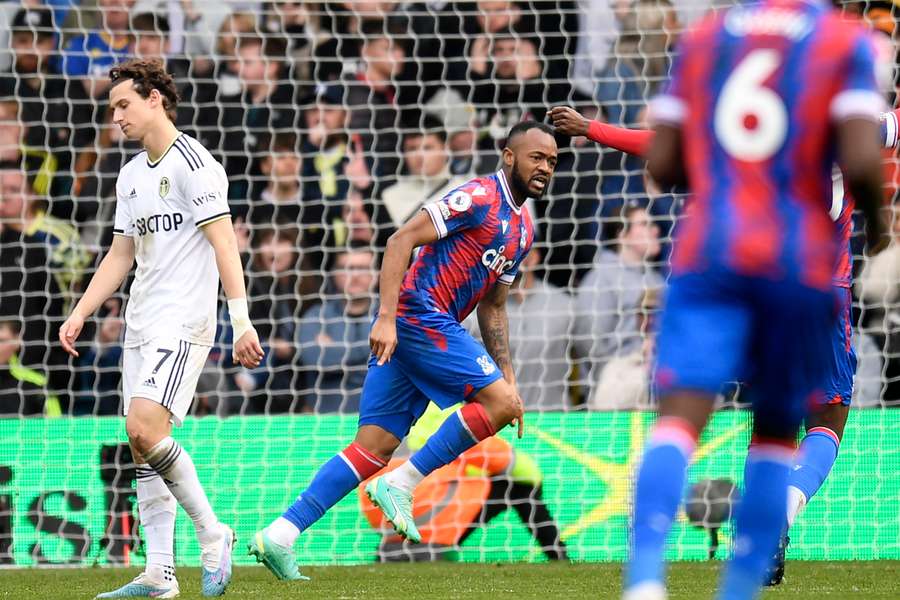 Ghanaian striker Jordan Ayew celebrates after scoring his side's second goal during the English Premier League football match between Leeds United and Crystal Palace