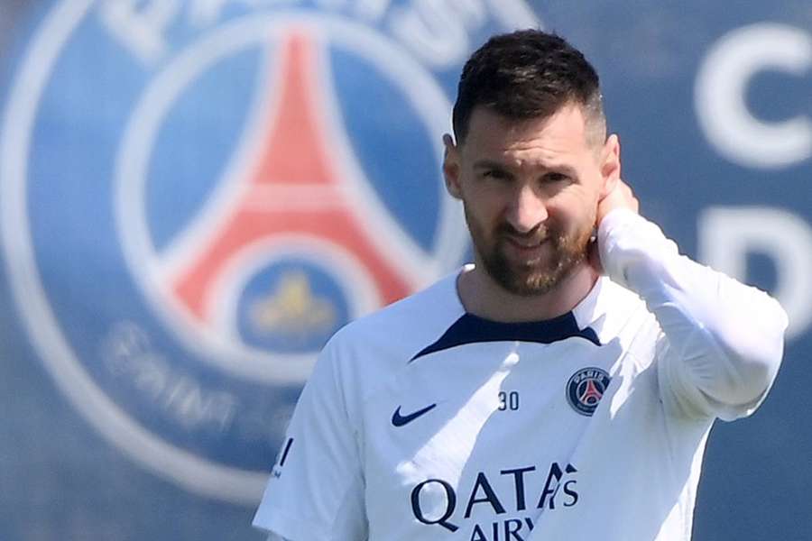 PSG forward Lionel Messi looks on during a training session at club's training ground in Saint-Germain-en-Laye on Thursday