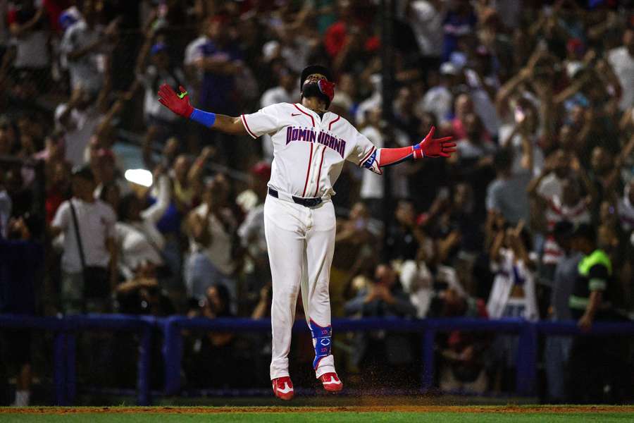 Dominican Junior Caminero celebrates a home run during exhibition game (2026)
