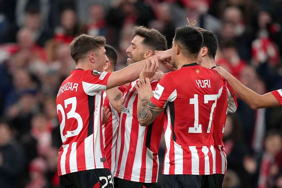 Athletic Club celebrate their second goal against Plzen