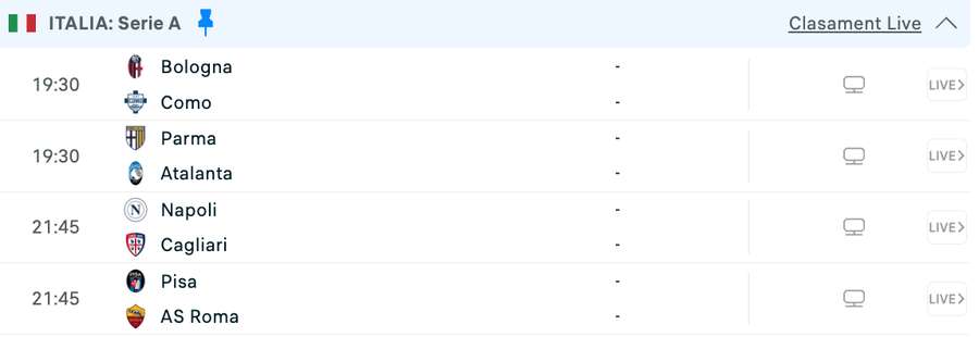 Programul zilei în Serie A Programul zilei în Serie A