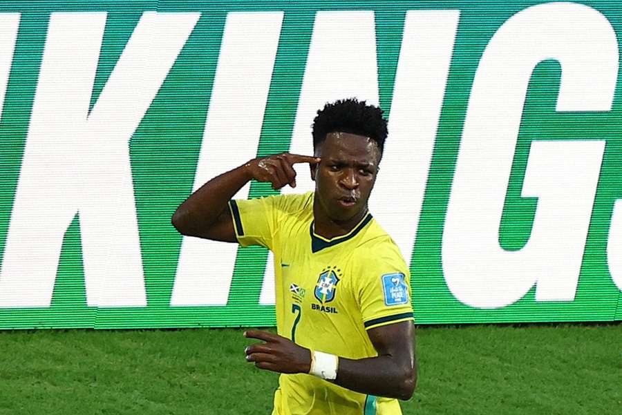 Brazil's Vinicius Junior celebrates scoring their second goal