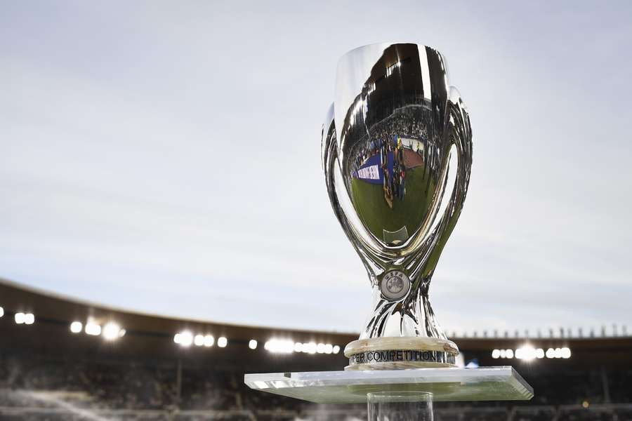 Super Cup trophy before the match at the UEFA Super Cup football match Real Madrid vs Eintracht Frankfurt