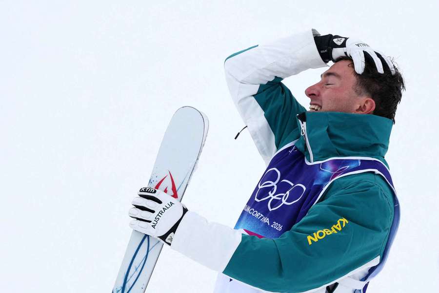 Cooper Woods reacts after his winning Winter Olympics run.
