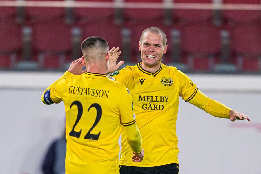 Jesper Gustavsson and Jacob Bergstrom celebrate the opening goal
