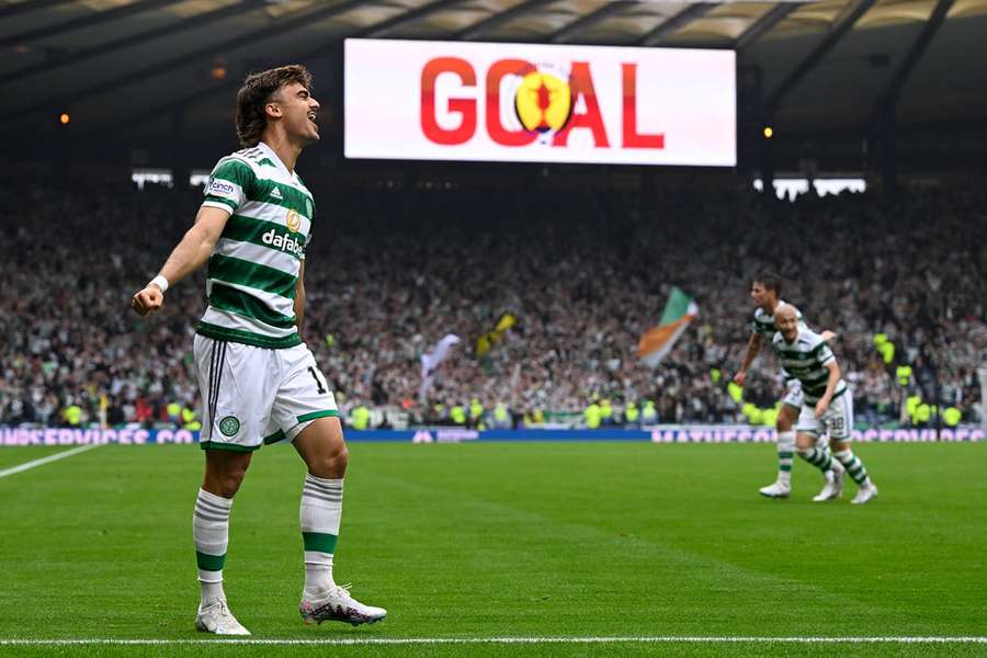 Celtic's Jota celebrates after scoring against Rangers