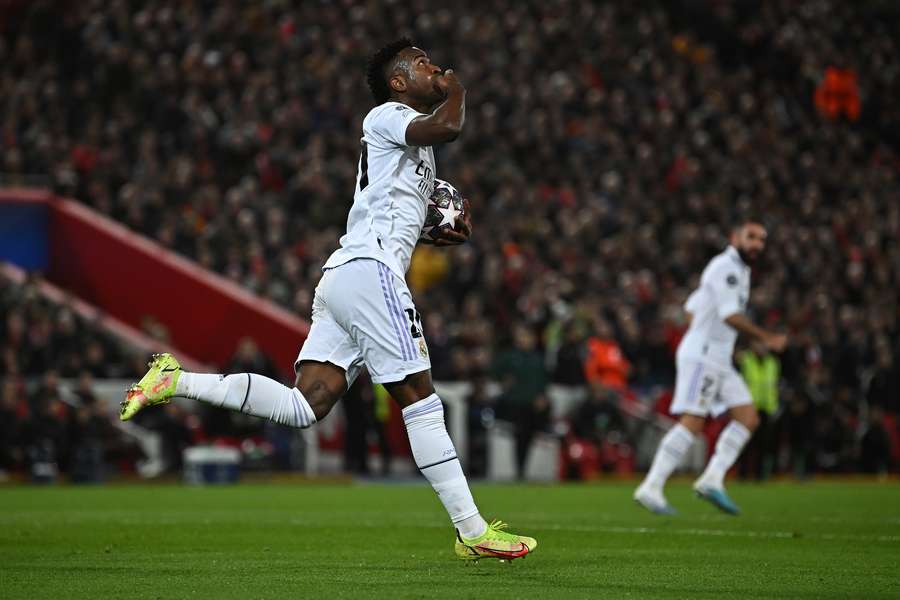 Real Madrid's Brazilian forward Vinicius Junior celebrates scoring the team's first goal 