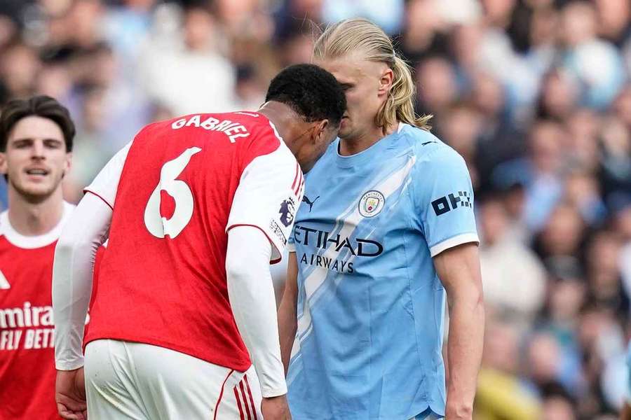 Arsenal's Gabriel appears to launch himself at Man City's Erling Haaland at the Etihad Stadium in April Arsenal's Gabriel appears to launch himself at Man City's Erling Haaland at the Etihad Stadium in April
