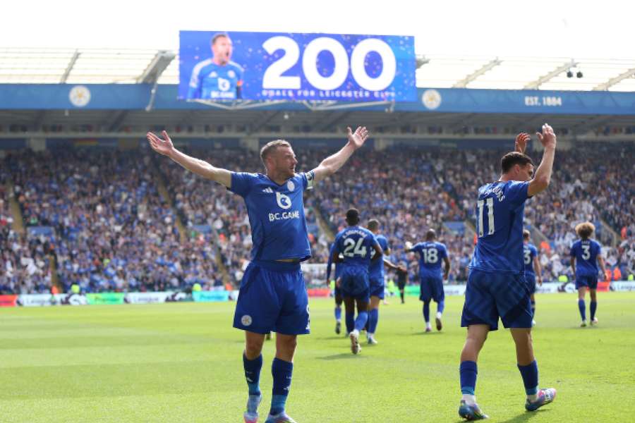 Vardy celebrating his 200th Leicester City goal