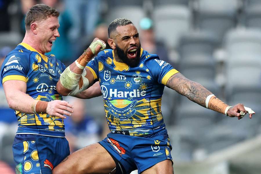 Parramatta Eels winger Josh Addo-Carr celebrates a try scored against NQ Cowboys.