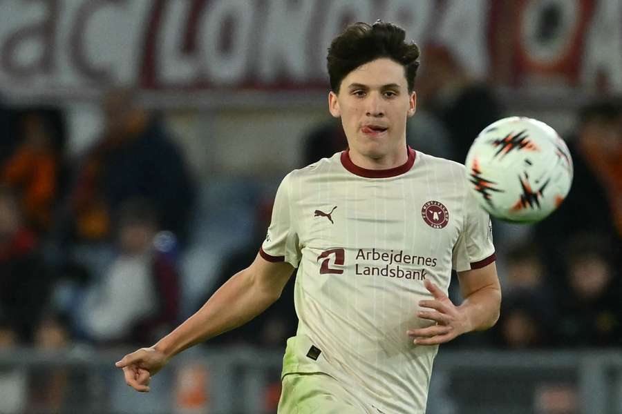 Mikel Gogorza in action for FC Midtjylland against Roma in 2025 Mikel Gogorza in action for FC Midtjylland against Roma in 2025